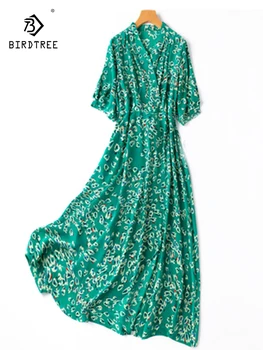 Birdtree קיץ 100% משי קרפ Dechine השמלה נשים V צוואר פרחוני הדפסה חופשי פנס שרוול חוף שמלת מקסי חג D35824C