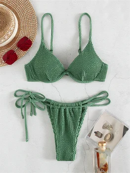הברזילאי מיקרו ביקיני 2023 Mujer סקסי ברזל מחרוזת של בגדי ים קפלים מוצק ירוק ביקיני סט בגד ים חוטיני, בגדי ים