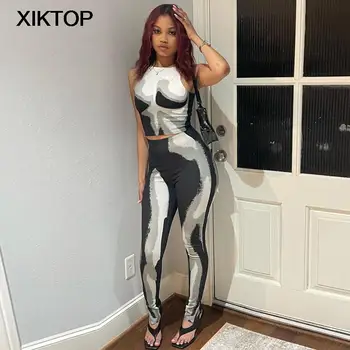 Xiktop גוף 3D הדפסה 2 ערכות קטע נשים עדכני מדהימה ללא שרוולים O-צוואר האפוד + סקיני מכנסיים נשיים מתאימים תלבושות מתאים