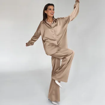 2023 נשים' חיקוי משי פיג 'מה רופף ארוך שרוול המכנסיים שני חתיכת קבוצה חיצוניים ללבוש נשים הבית ריהוט סט פיג' מה