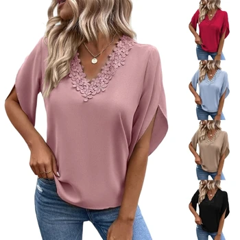 נשים קיץ חולצות מזדמנים הזיקוק חולצת שרוול רופף צוואר V צמרות טוניקה רפויה חולצת טי חולצות Tees
