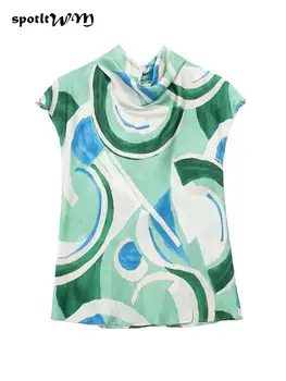 2023 נשים סאטן מודפס חולצות חולצת קיץ סיבתי ללא שרוולים ערימת צווארון נשי מקסימום גבירותיי בציר פשוטה אופנה חולצות