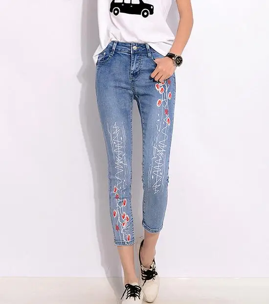 קיץ סגנון נשים הג 'ינס פרח הדפסה תשע מכנסי סקיני ג' ינס מכנסיים עיפרון