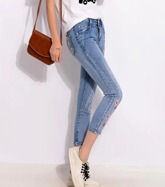 קיץ סגנון נשים הג 'ינס פרח הדפסה תשע מכנסי סקיני ג' ינס מכנסיים עיפרון
